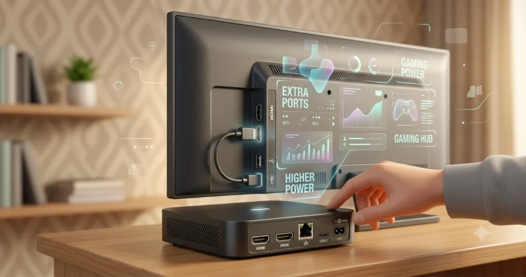 A detailed view from the back of a TV on a desk shows a hand connecting a device to an HDMI port.