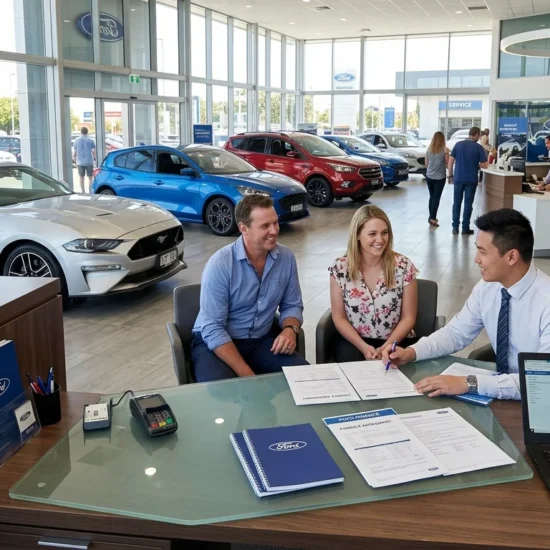 A couple sits at a desk in a Ford car dealership showroom, reviewing and signing financing documents with a finance manager. The scene highlights the final step of securing funding for a new car, which often involves deciding between Car Finance vs Personal Loan options.
