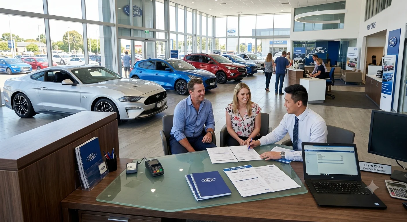 A couple sits at a desk in a Ford car dealership showroom, reviewing and signing financing documents with a finance manager. The scene highlights the final step of securing funding for a new car, which often involves deciding between Car Finance vs Personal Loan options.