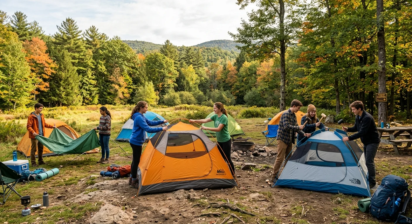 Group of young people setting up tents at a campsite.