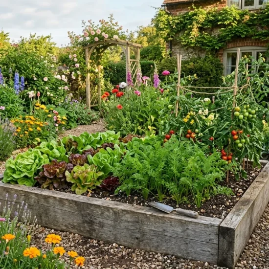 A realistic photograph of a tidy wooden raised vegetable bed in a lush cottage garden during morning light, showcasing thriving lettuce, carrot tops, and tomato plants as part of a guide on How to Start a Vegetable Garden.