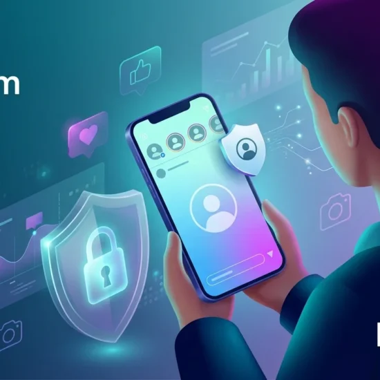 A 3D illustration shows a person using a smartphone to anonymously view an Instagram Stories-like interface. Large shield icons with locks symbolize privacy and security against a background of digital analytics and social media icons. Text on the image reads, InSnoop Instagram Viewer. Is It Safe?