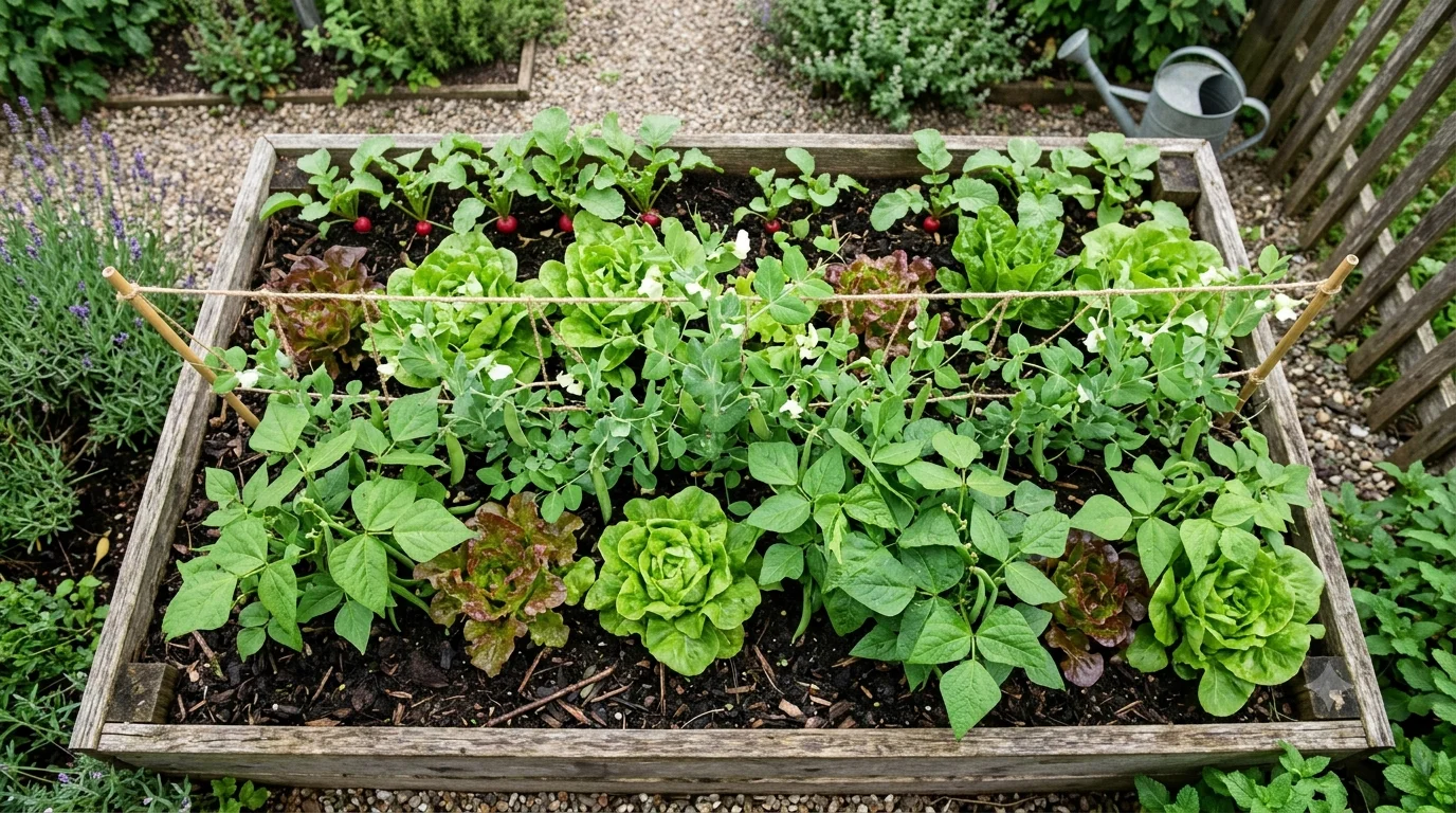 A top-down realistic photo of a tidy raised wooden garden bed filled with growing vegetables, including radishes with visible small red roots, leafy lettuce, green beans, and climbing peas with small pods.