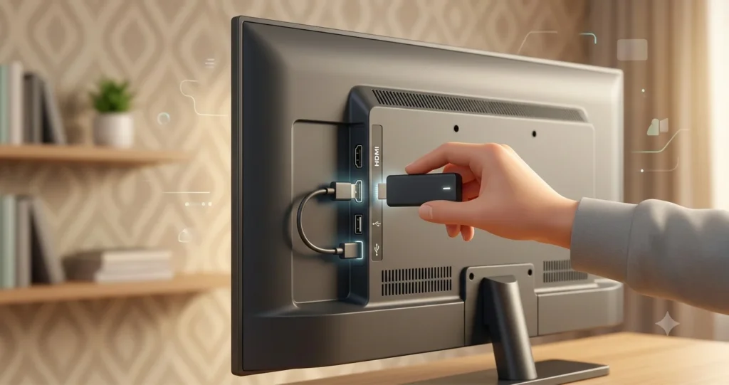 An editorial illustration shows a person connecting a streaming box to a TV. A shield icon with a lock is next to the phone-shaped device.