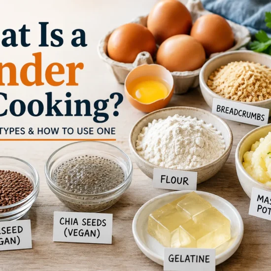 What is a binder in cooking, showing eggs, breadcrumbs, flour, mashed potato, flaxseed, chia seeds and gelatine.