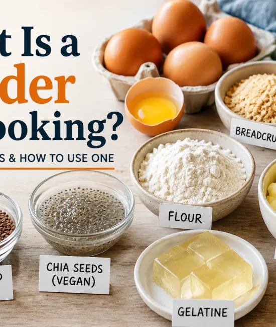What is a binder in cooking, showing eggs, breadcrumbs, flour, mashed potato, flaxseed, chia seeds and gelatine.
