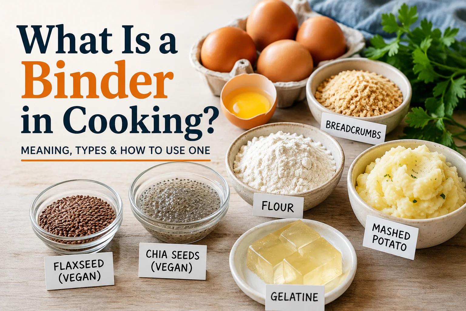 What is a binder in cooking, showing eggs, breadcrumbs, flour, mashed potato, flaxseed, chia seeds and gelatine.