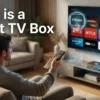 A man on a couch holds a remote to navigate a streaming app menu on a large TV in a living room. The text "What is a Smart TV Box" is prominent.