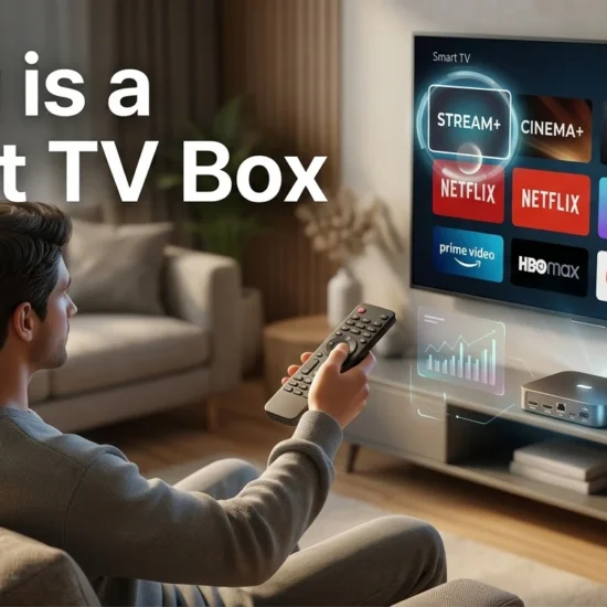 A man on a couch holds a remote to navigate a streaming app menu on a large TV in a living room. The text "What is a Smart TV Box" is prominent.