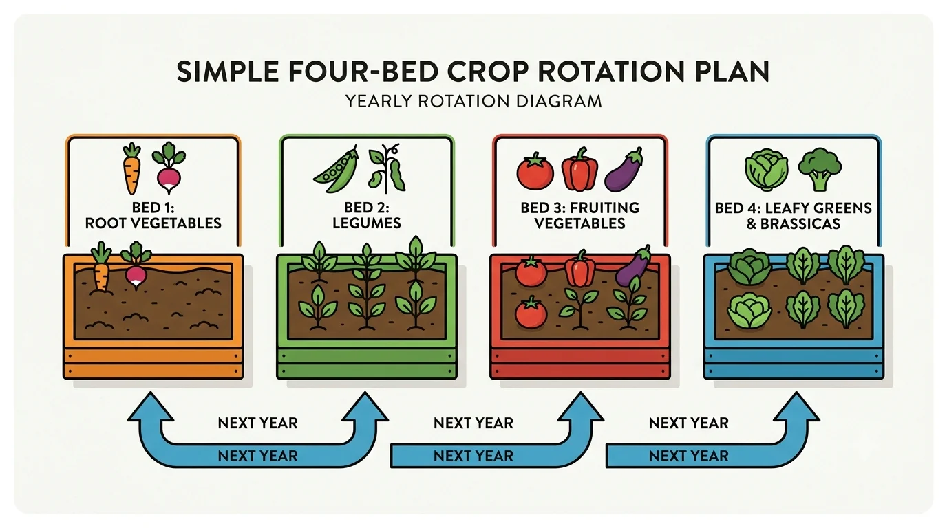 A clean, flat-design diagram illustrating a simple four-bed crop rotation plan. Four colored beds are shown in a line, with arrows below indicating the movement of crops to the next bed each year. From left to right: Bed 1 is Root Vegetables (orange), Bed 2 is Legumes (green), Bed 3 is Fruiting Vegetables (red), and Bed 4 is Leafy Greens & Brassicas (blue). Each bed has descriptive labels and icons.