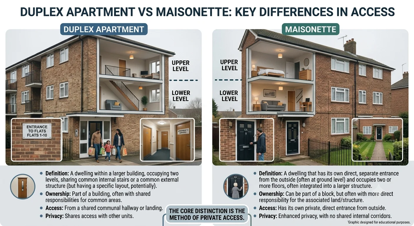Comparison of a duplex apartment accessed through a communal hallway and a maisonette with a private entrance