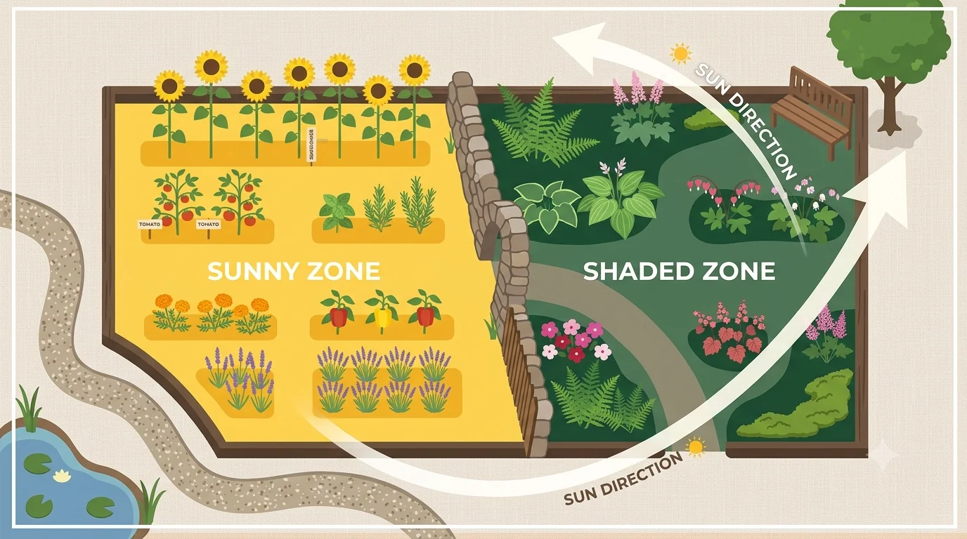 Overhead vector illustration showing a garden plan divided into two halves by a stone wall. The left side, a "Sunny Zone," features sunflowers, tomatoes, peppers, and lavender. The right side, a "Shaded Zone," has ferns, hostas, and flowering shade plants. An arrow marks the "Sun Direction."