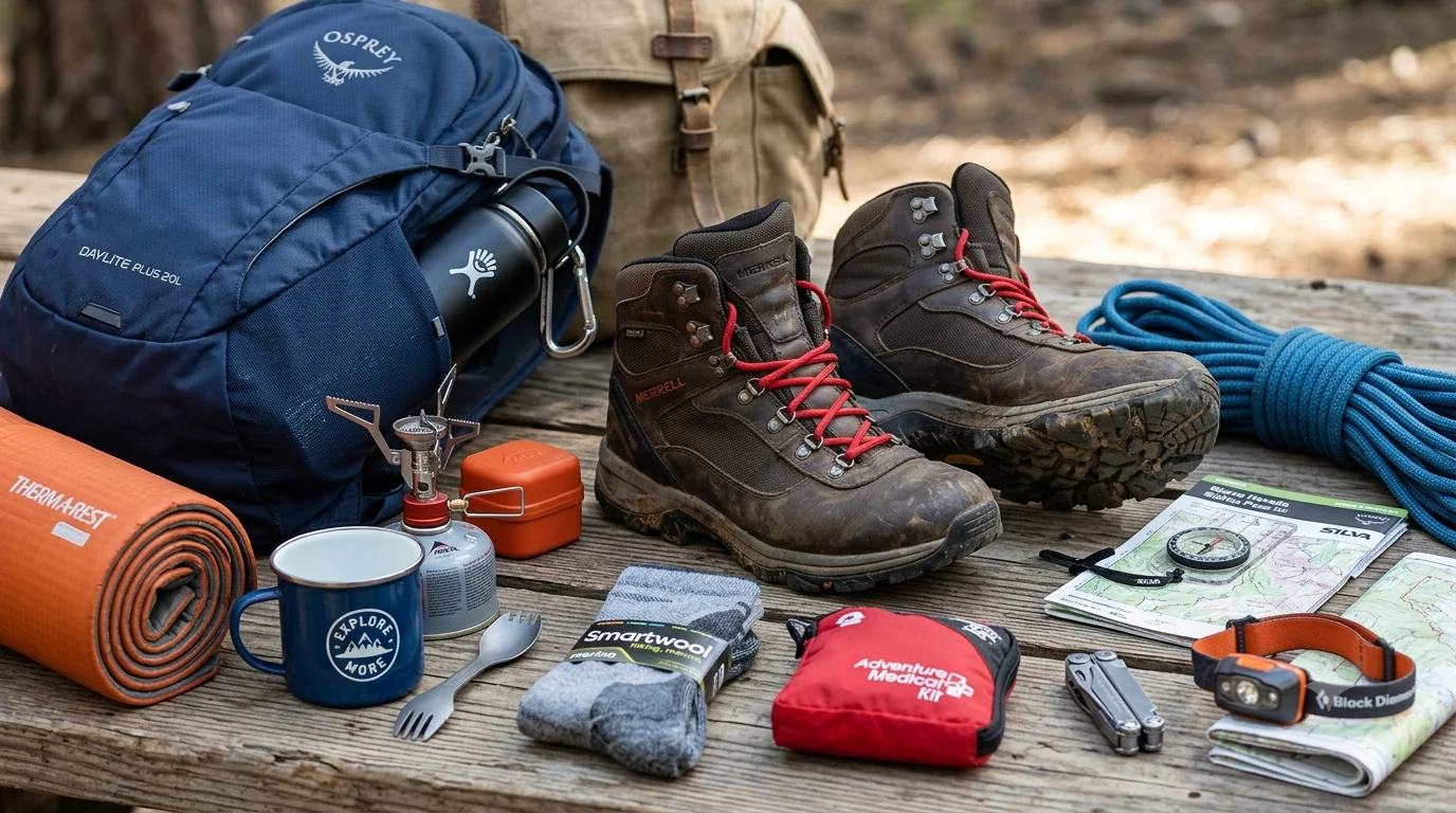 A close-up of hiking boots, an Osprey backpack, a water bottle, a map, socks, and camping gear laid out on a wooden surface.