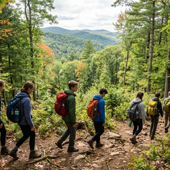 A group of youth and young adult participants with Inner City Outings hike on a mountainous trail.