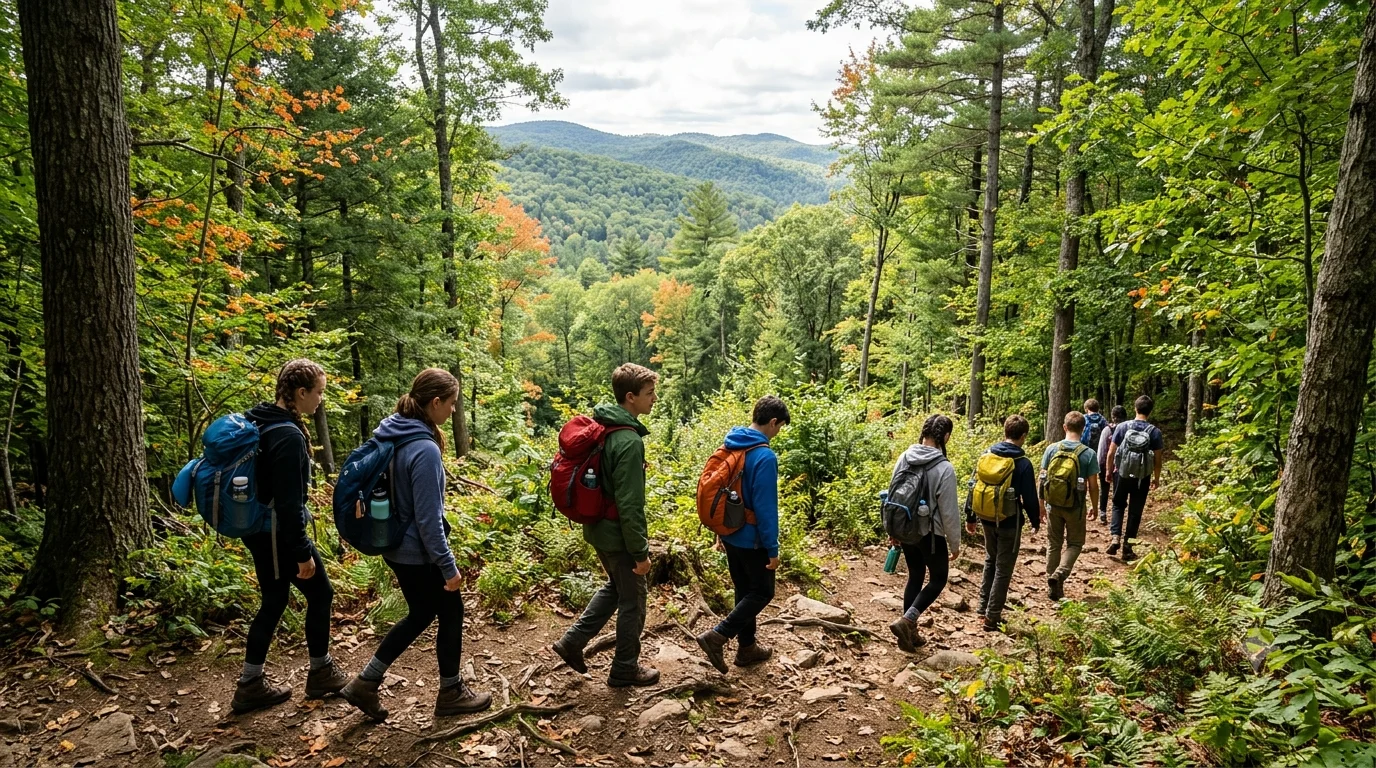 A group of youth and young adult participants with Inner City Outings hike on a mountainous trail.