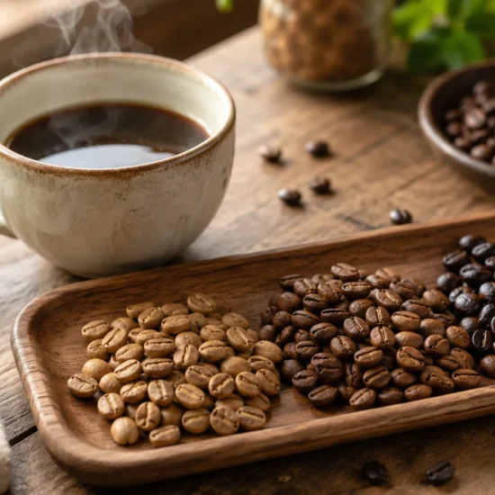 Light, medium, and dark roast coffee beans beside a fresh cup, illustrating what is a light roast coffee.