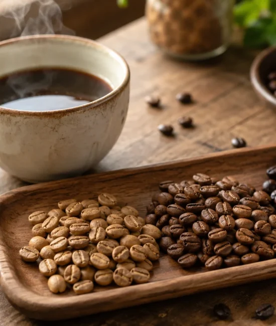 Light, medium, and dark roast coffee beans beside a fresh cup, illustrating what is a light roast coffee.