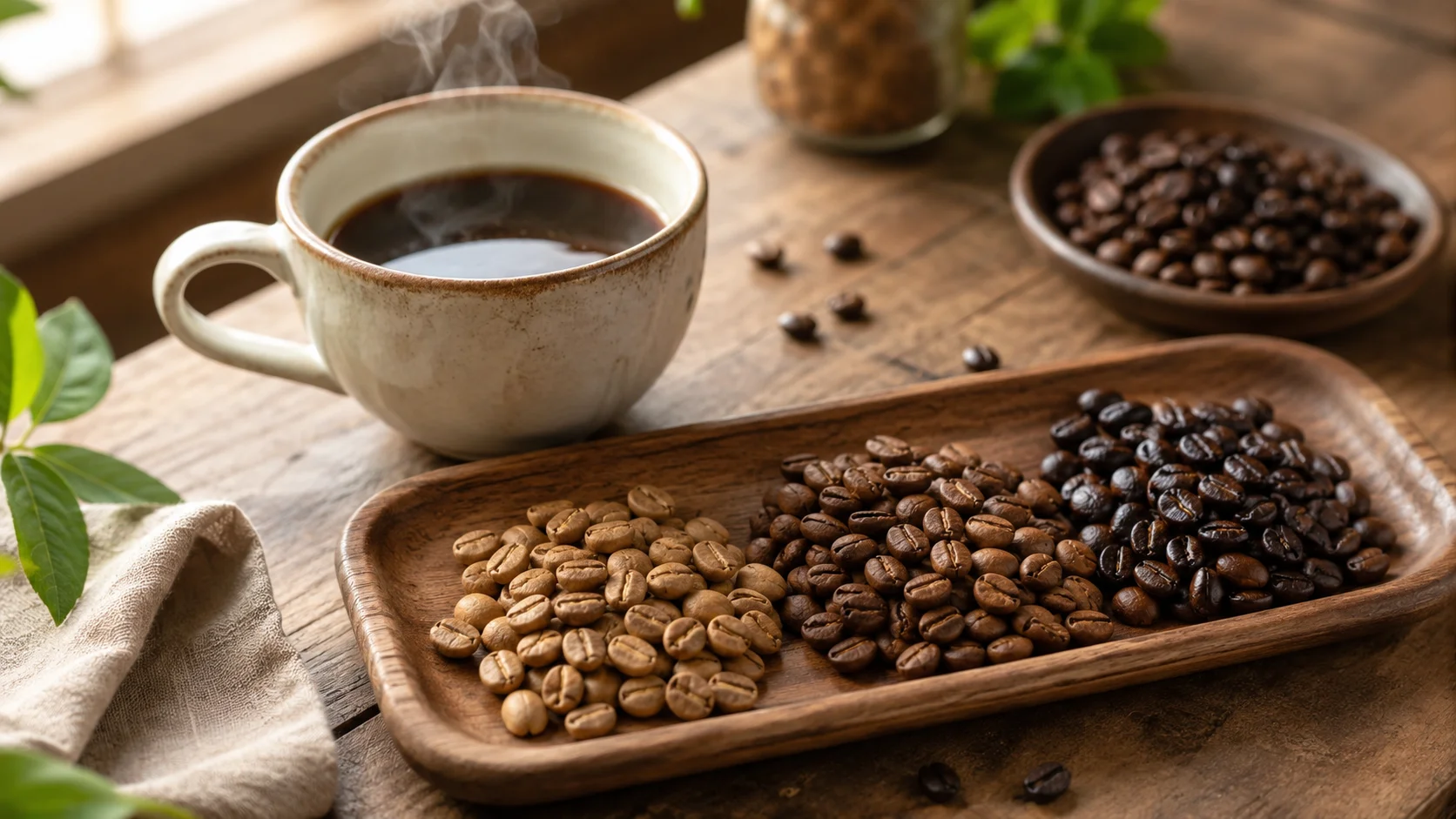 Light, medium, and dark roast coffee beans beside a fresh cup, illustrating what is a light roast coffee.