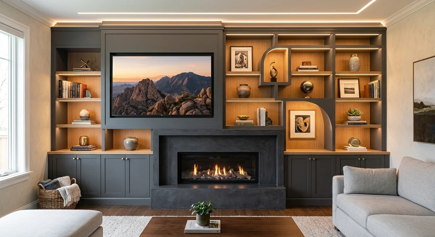 Designer media wall with off-centre TV, uneven shelving, decorative niches, and modern artistic styling.
