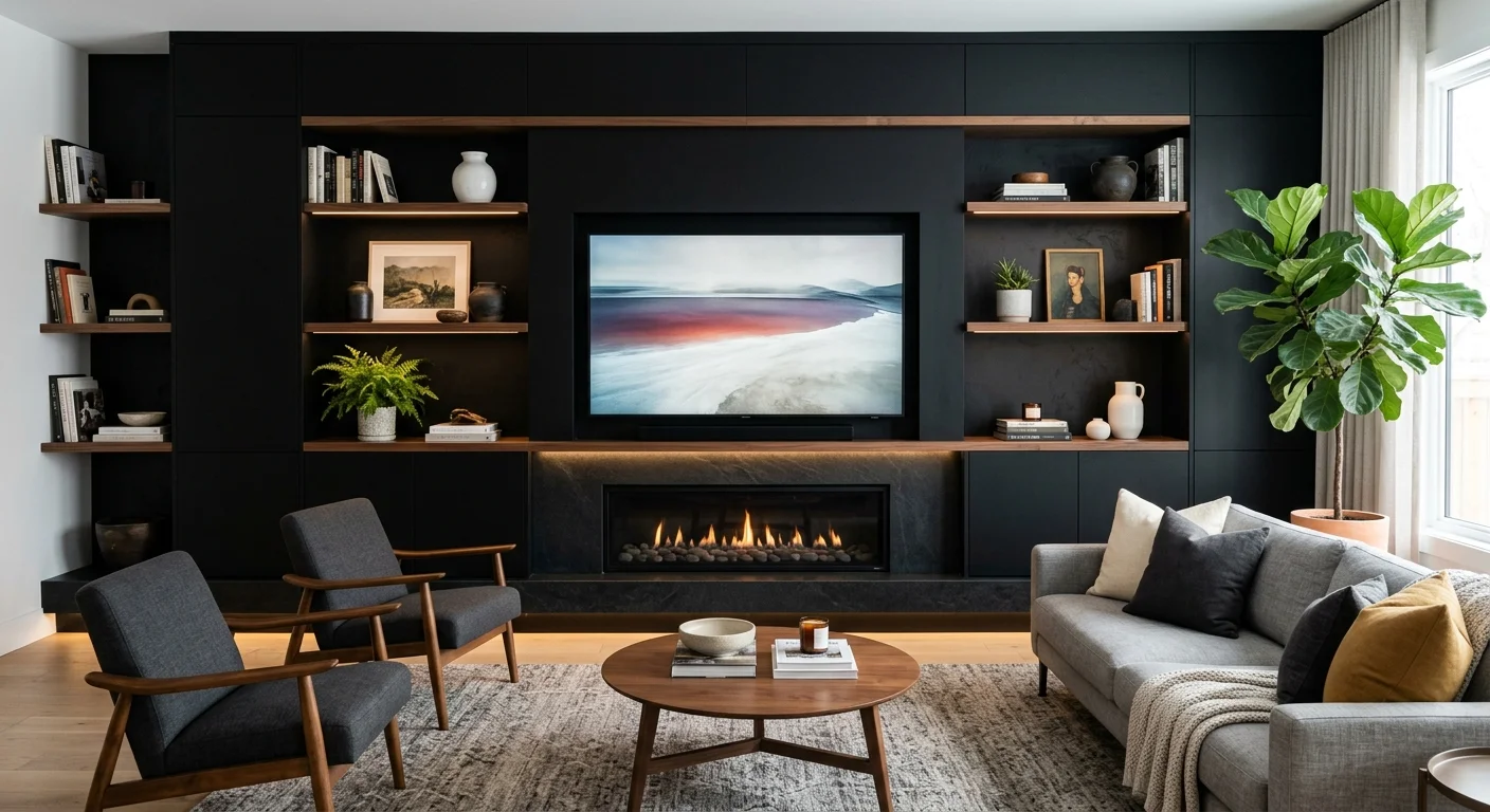 Black media wall with walnut shelving, integrated TV, fireplace, and modern furniture.