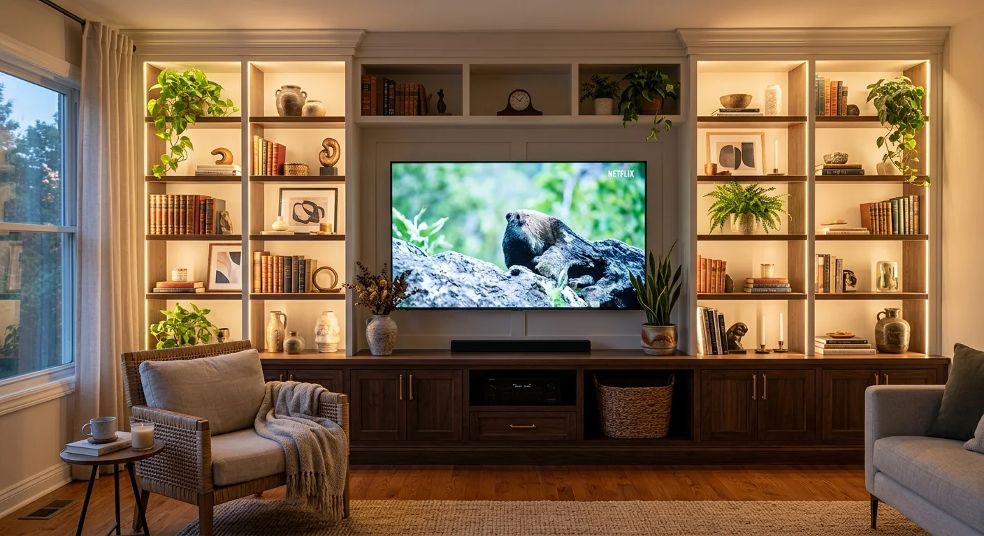 A cozy living room features a floor-to-ceiling built-in media center with a central TV and symmetric shelves filled with books, plants, and decor, illuminated by warm backlighting.