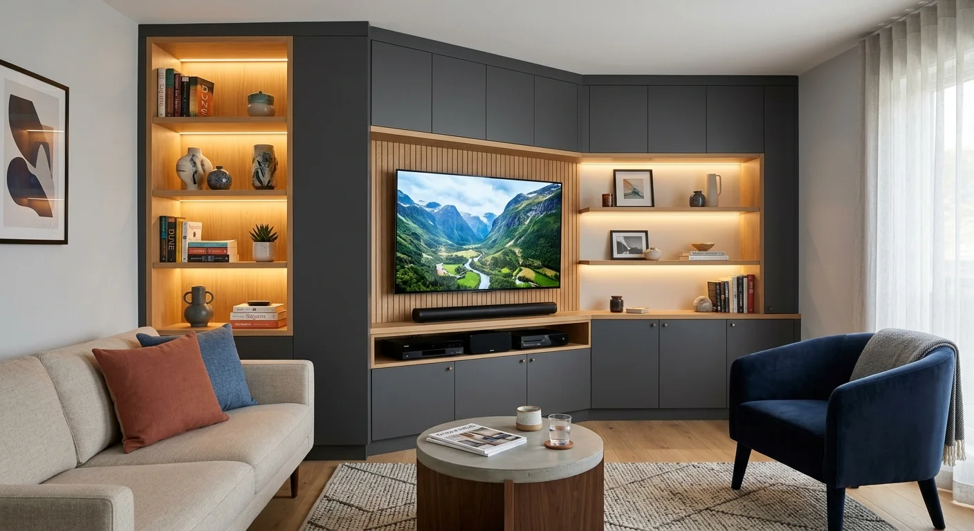 Corner media wall with angled TV placement, built-in shelves, LED lighting, and modern compact furniture.