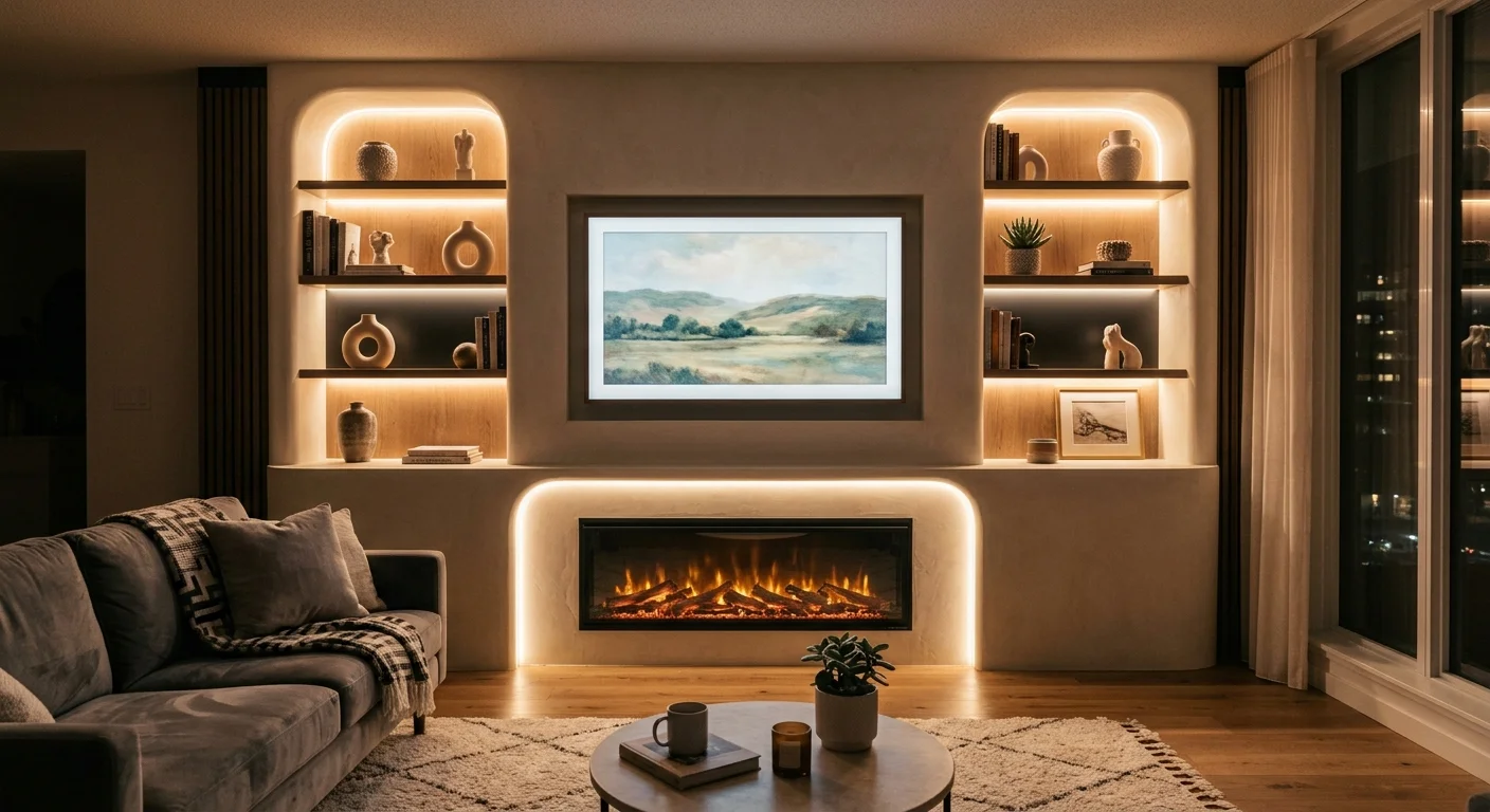 Curved media wall with smooth plaster finish, recessed TV, fireplace, and elegant modern furniture.