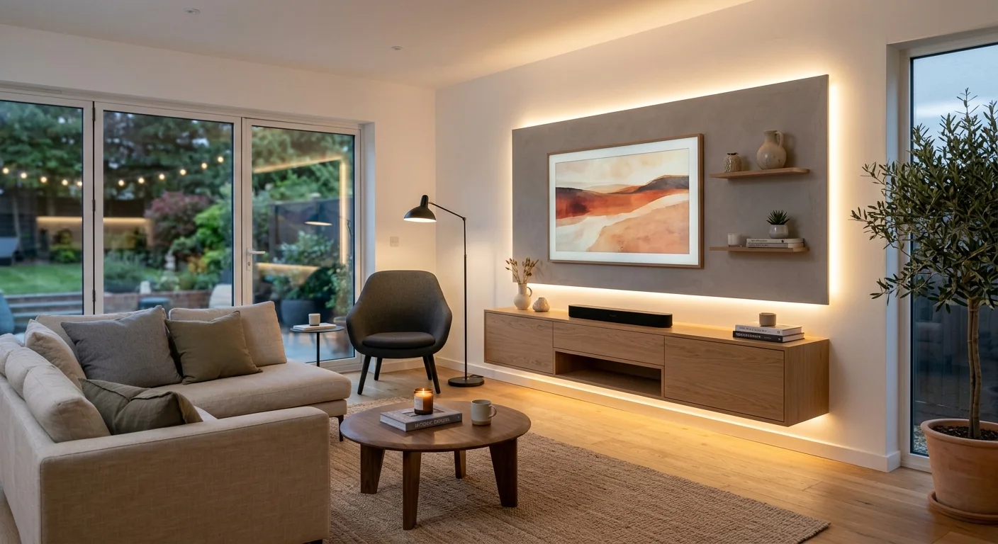 Floating media wall with suspended cabinet, hidden LED lighting, mounted TV, and minimalist living room furniture.