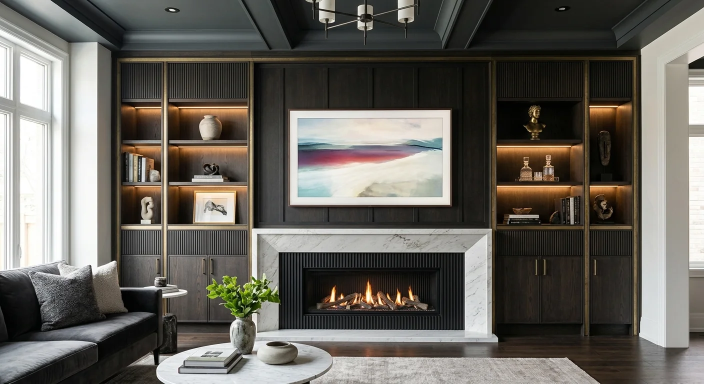 Full-height media wall stretching from floor to ceiling with TV, fireplace, shelves, and premium finishes.