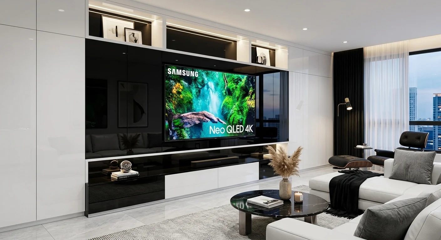 Glossy white and black media wall with mounted TV, reflective surfaces, hidden cabinets, and premium modern furniture.