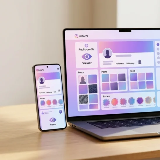 InstaPV viewer concept displayed on a laptop and smartphone with public profiles, Stories, followers, and anonymous browsing features.