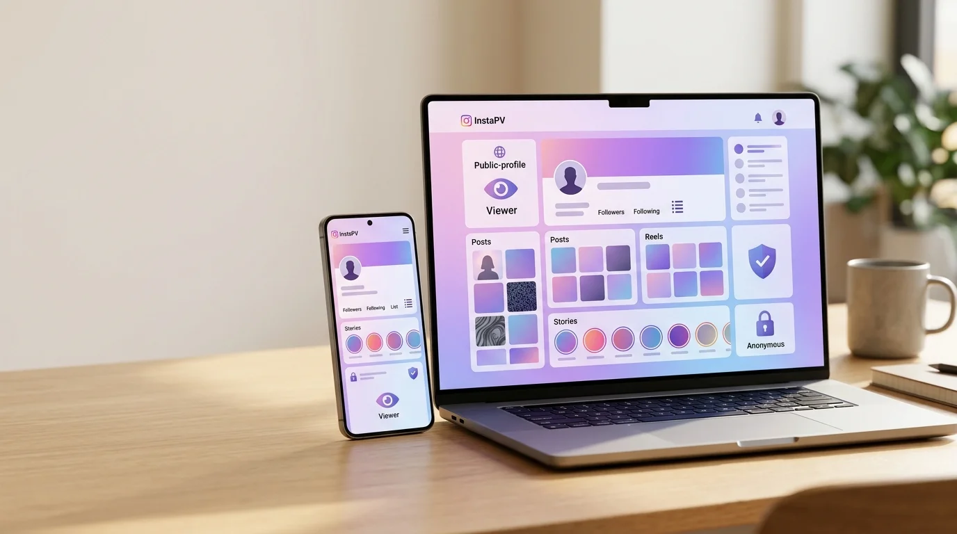 InstaPV viewer concept displayed on a laptop and smartphone with public profiles, Stories, followers, and anonymous browsing features.