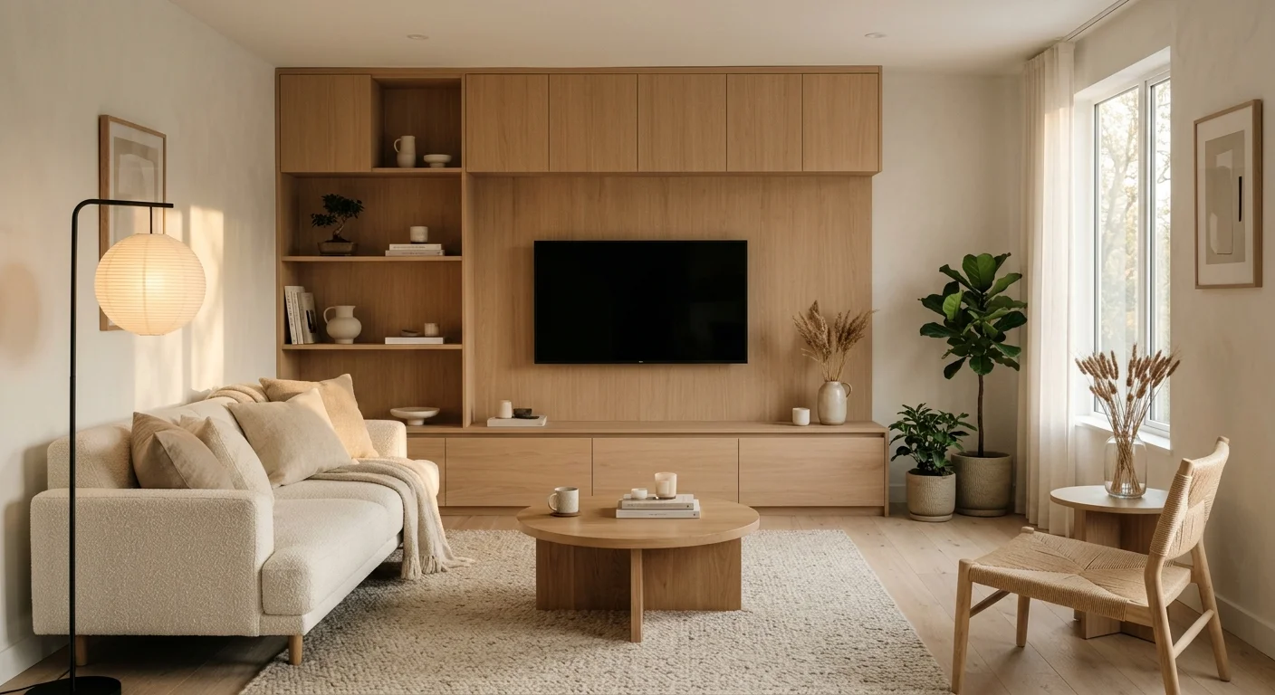 Japandi living room with light wood media wall, simple cabinetry, soft lighting, and neutral décor.