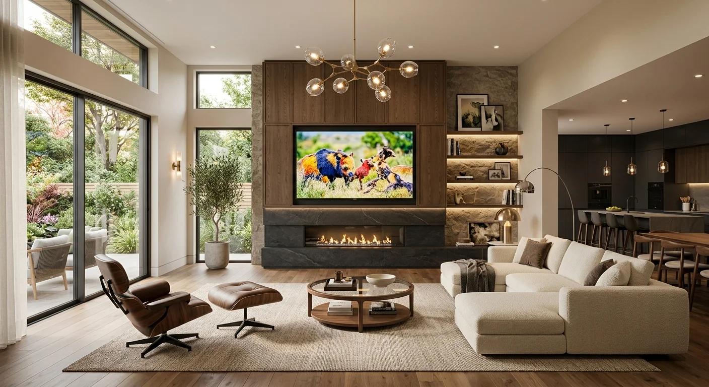 Spacious open-plan living room with large feature media wall, fireplace, oversized TV, designer furniture, and elegant lighting.