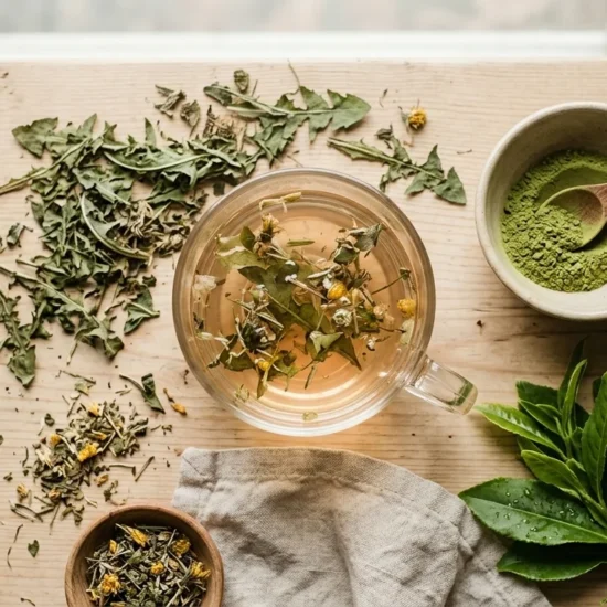A top-down view of a wooden table featuring a clear glass mug of Lulutox Detox Tea with loose herbs, a bowl of green matcha powder with a spoon, dried dandelion leaves, and a cluster of fresh green tea leaves.