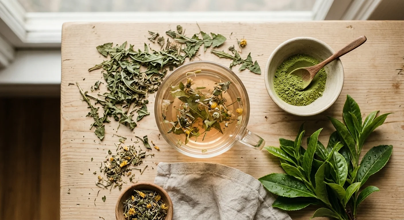 A top-down view of a wooden table featuring a clear glass mug of Lulutox Detox Tea with loose herbs, a bowl of green matcha powder with a spoon, dried dandelion leaves, and a cluster of fresh green tea leaves.