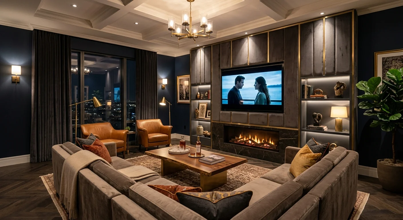Luxury lounge with upholstered media wall panels, large TV, fireplace, soft lighting, and premium furniture.