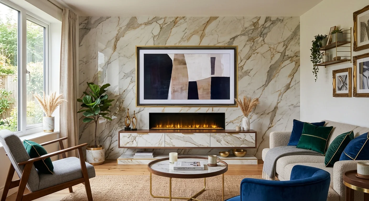 Luxury marble-effect media wall with recessed fireplace, wall-mounted TV, gold accents, and elegant furniture.