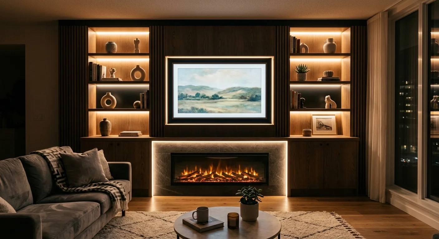 Media wall glowing with hidden LED lighting around shelves, TV frame, and fireplace area.