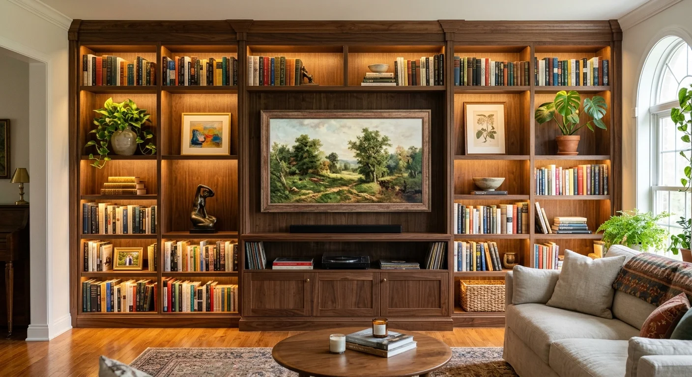 Built-in bookcase media wall with central TV, shelves filled with books, plants, artwork, and warm lighting.