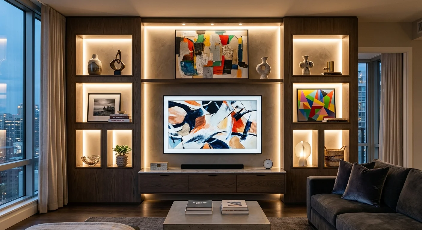 Media wall with illuminated display niches, artwork, decorative objects, TV, and modern styling.