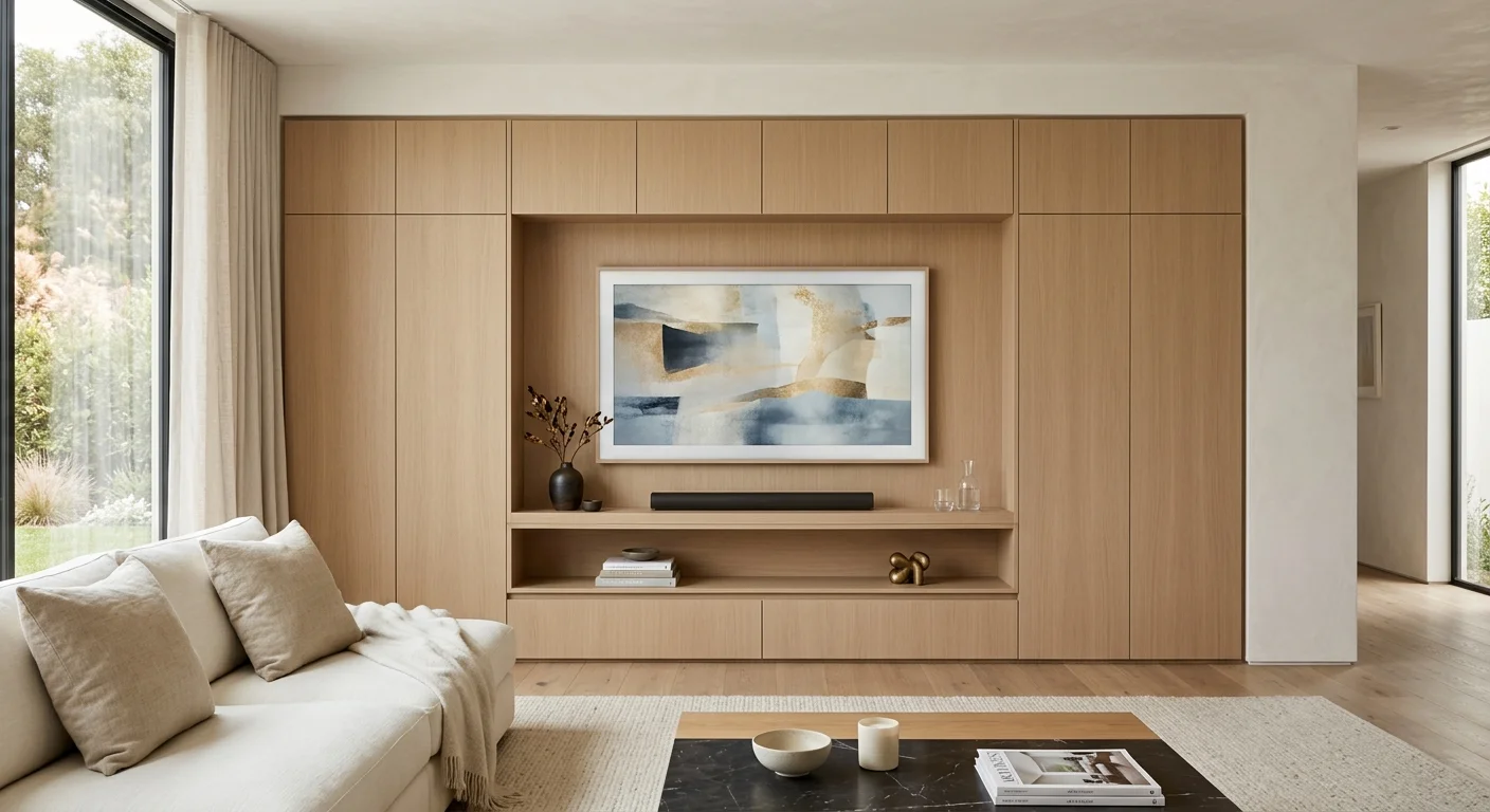 Minimal media wall with seamless hidden cabinets, concealed storage, wall-mounted TV, and elegant styling.