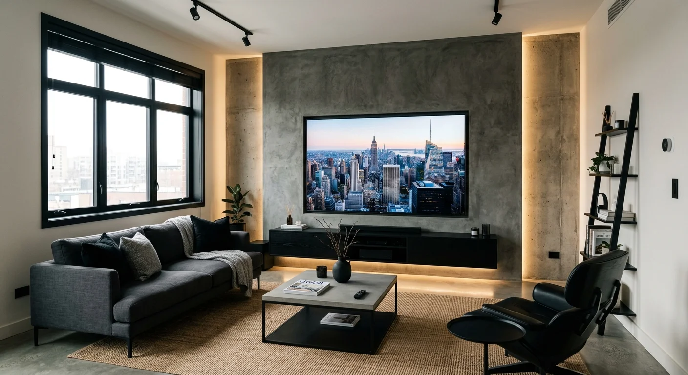 Modern living room with a concrete-effect media wall, large TV, black accents, warm LED lighting, and minimalist furniture.