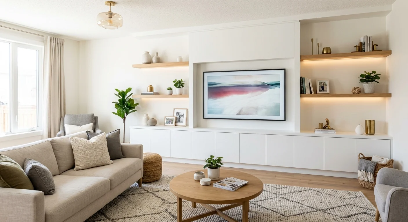 A modern living room features a large white built-in entertainment center, a central wall-mounted TV, and illuminated floating wood shelves. A beige sofa with accent pillows, a round coffee table, a jute ottoman, and a textured area rug are in the foreground, with natural light coming from a large window.