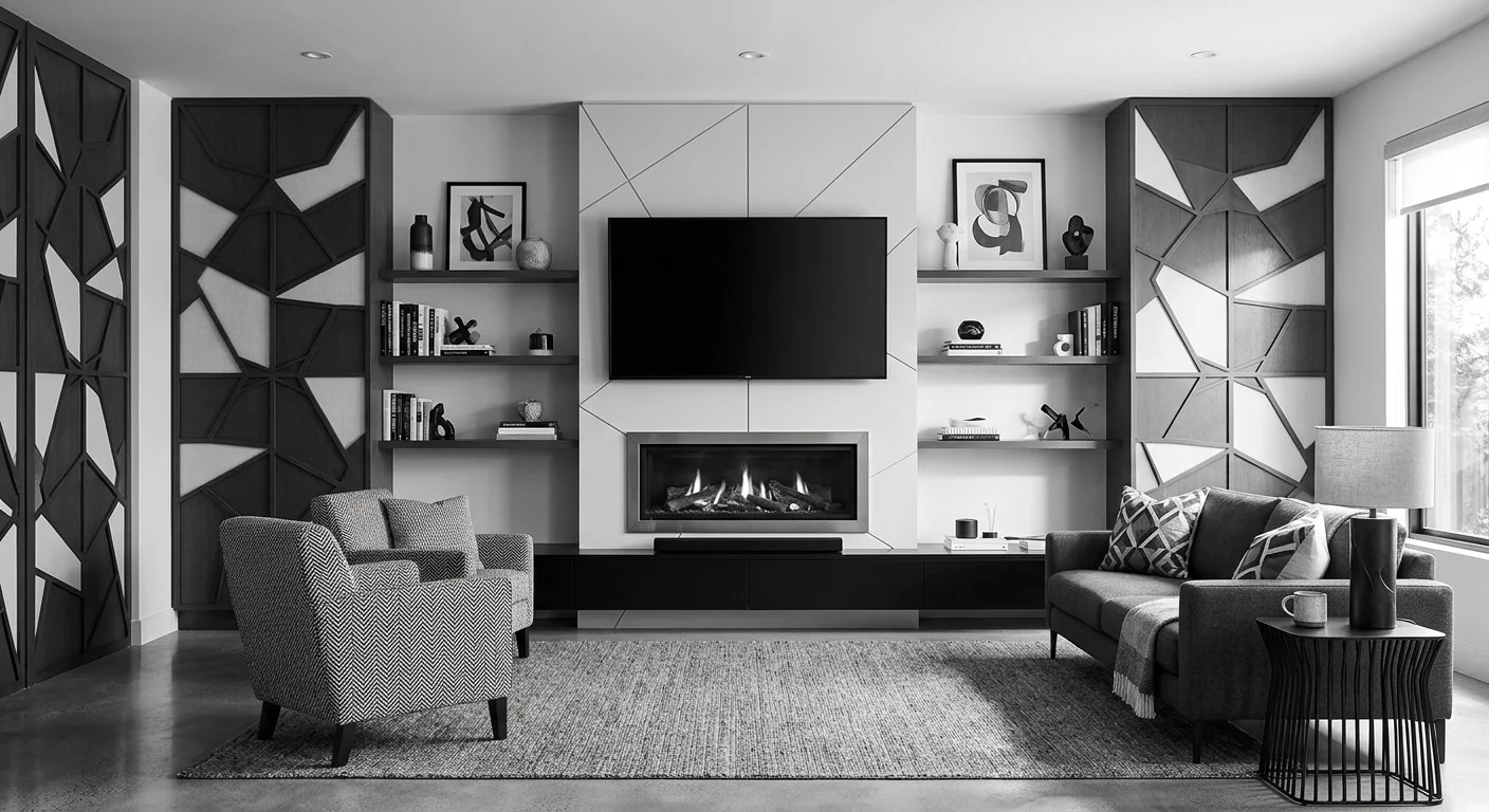 Black and white media wall with TV, fireplace, geometric panels, and stylish monochrome furniture.