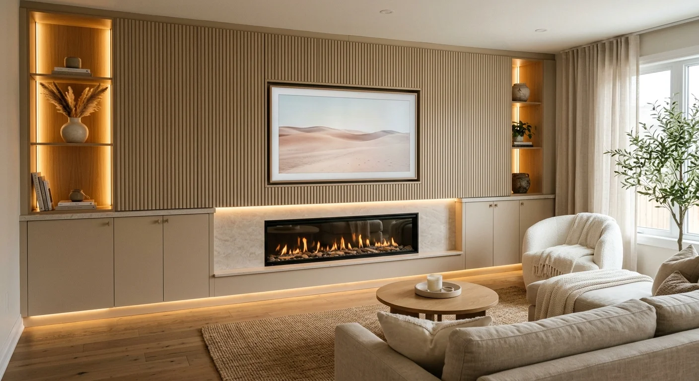 Beige media wall with textured panels, warm LED lighting, fireplace, and soft neutral furniture.