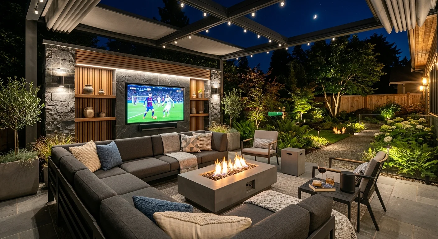 Modern outdoor patio with media wall, weatherproof TV, comfortable seating, garden lighting, and stylish landscaping.