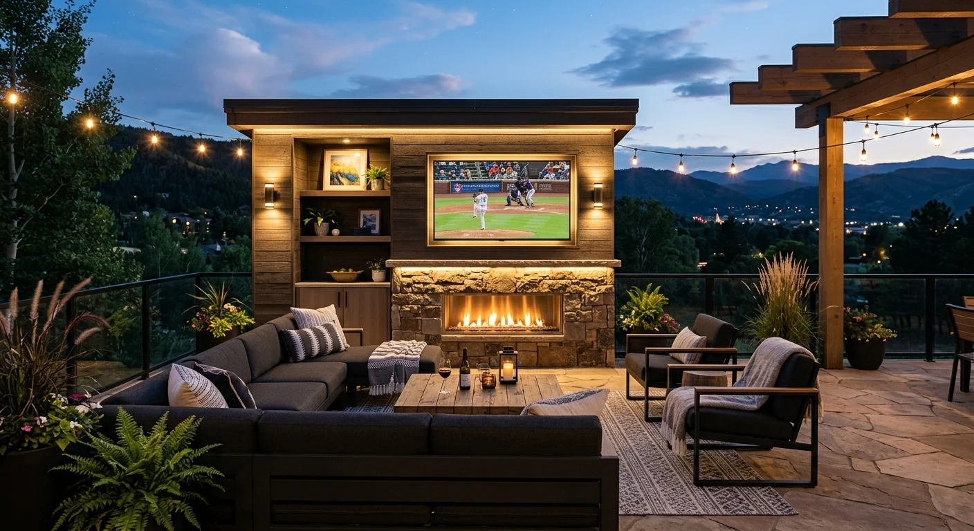 Outdoor lounge with built-in media wall, outdoor fireplace, television, modern seating, and evening lighting.
