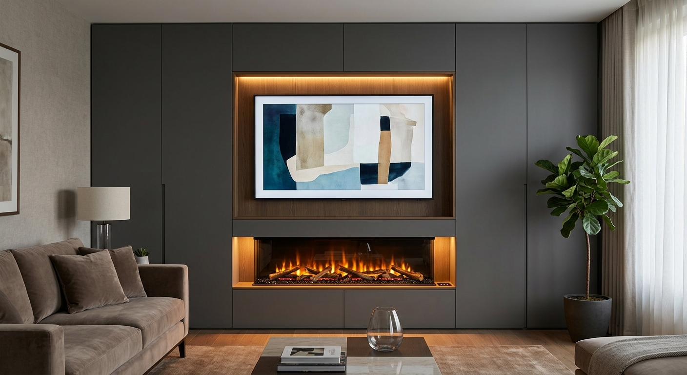 Flush recessed media wall with TV and electric fireplace built into the wall, smooth panels, and elegant lighting.