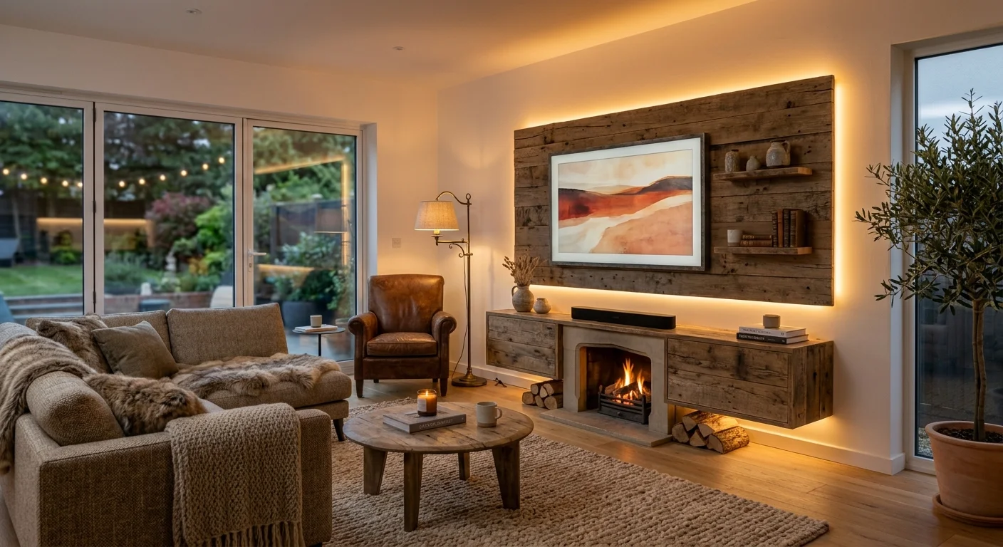 Rustic living room with a wooden media wall, fireplace, natural textures, warm lighting, and comfortable furniture.